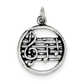 CoutureJewelers Sterling Silver Music Note Pendant, 925 Solid Antiqued Charm, 24mm Treble Clef & Notes Design, Musician Gift, Open Back