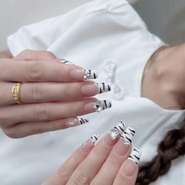 Glue-On Nails, Handmade Press On Nails, Long Gel Nails, Luxury Reusable Nude Artificial Nails with Zebra Stripes for Girls and Women, Everyday and Party, 10 Pieces Make Your Own Nails Set