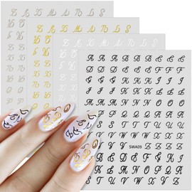 ANCIRS 4 Sheets Letters Nail Stickers, Old English Letter Nail Design Stickers for Nail Art, Self-Adhesive Small Retro Alphabet Letter Nail Supplies for Women Nail Decals (Gold Silver Black White)