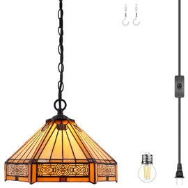 WERFACTORY Tiffany Pendant Light Plug in Yellow Hexagon Stained Glass 12 Inch Mission Hanging Lamp S011 Series