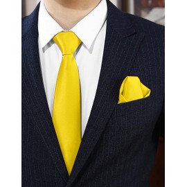 PenSee Men's Banana Yellow Tie Set Solid Pure Color 3.15" (8CM) Classic Formal Plain Necktie and Pocket Square Set For Men