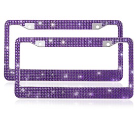 Fashion 2PCS Pack Handmade Premium Purple Crystal License Plate Frames,Waterproof Bling License Plate Cover,US Universal Rhinestone License Plate Holder for Women