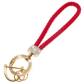 LORYVAN Diamond-Studded Key Chains, Woven Lanyard Hand Wrist Key Chain for Men and Women with Bling Rhinestones Metal Round Clip Strap Compatible with All Car Keys Family Keys (Red)