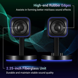Sanyun SW202 2.25“ Computer Gaming PC Speakers - 24W Fiberglass Speaker Unit - Built-in 16bit DAC Dynamic 3D Surround Sound - Bluetooth 5.2 USB Aux Inputs - RGB Backlit (Pair, Black)