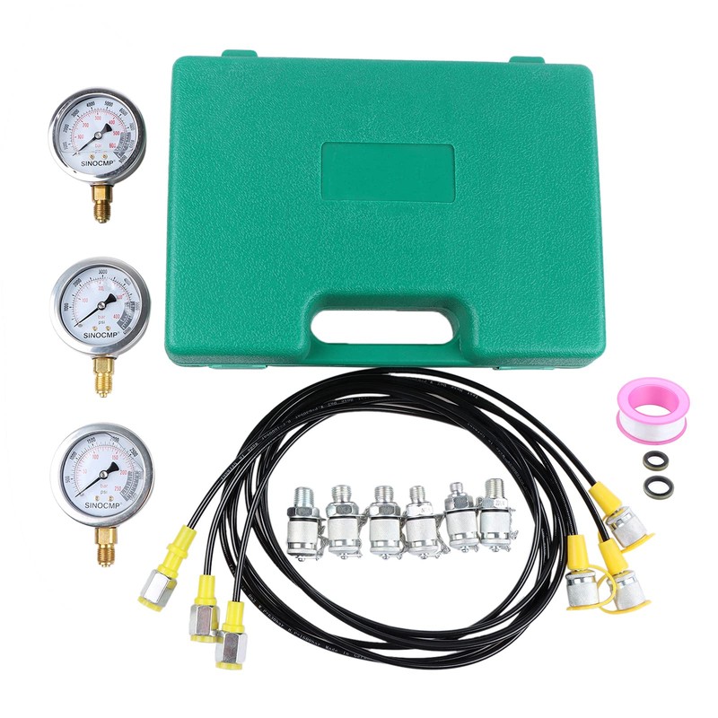SINOCMP Hydraulic Pressure Test Kit, 3 Pressure Gauges 25Mpa/40Mpa/60Mpa 6