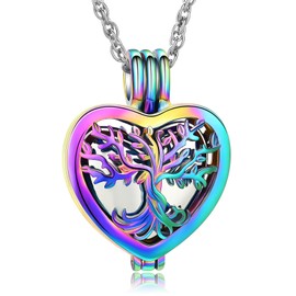 QGJNSGC Tree of Life Urn Necklaces for Ashes Heart Shape Cremation Jewelry Memorial Keepsake Jewelry Gifts for Women Men Memorial Lockets Ashes Holder for Pet (Colorful-Silver)