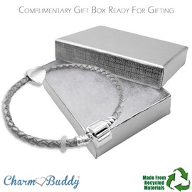 20cm Medium Womens Leather Starter Charm Bracelet with Silver Heart and Gift Box valentines gifts for her (Silver Leather)