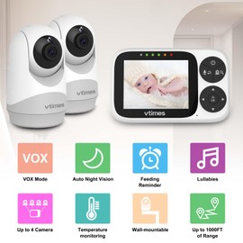 VTimes Video Baby Monitor with 2 Cameras, 3.2" IPS Screen Baby Camera Monitor No WiFi Night Vision VOX Mode Pan-Tilt-Zoom Temperature Display 2 Way Audio Lullaby Feeding Alarm and 1000ft Range