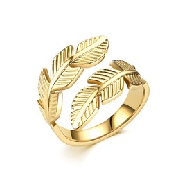 OIDIMS Feather Stainless Steel Statement Rings Angel Wings Leaves Wrap Open Adjustable Finger Engagement Couple Ring for Women Men Cocktail Party Jewelry Fashion Gifts for Birthday Christmas (Gold)