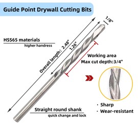 JFOGO 50 Pieces Drywall Cutting Tools 1/8 Inch Guide Point Cutting Bits,HSS65 Drill Bits, Cutting Drywall, Used for with Spiral Saw and Power Tools