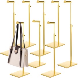 Hicarer 8 Pcs Gold Purse Display Stands Stainless Steel Adjustable Height Bags Display Rack Metal Handbag Display Holder Set for Home Store Boutique Counter Retail Floor Display Props Shelve (Stylish)