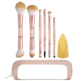 MAANGE Brochas para Maquillaje Profesional 6 Piezas 12 en 1, Brochas de Maquillaje de Doble Punta para Base, Polvo, Contorno, Rubor, Corrector y Ojos con Esponja de Maquillaje y Bolsa de Viaje (Rosa dorado)