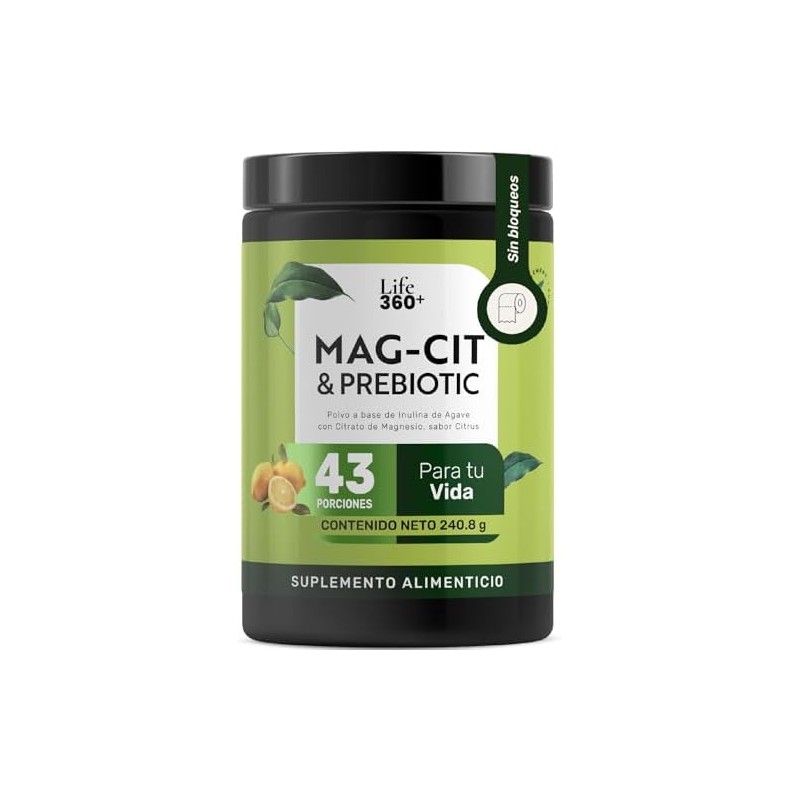 LIFE 360+ Mag-Cit y Prebiotic Citrato de Magnesio en Polvo
