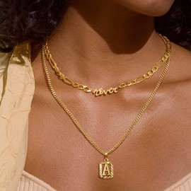 KELORIS PATH Gold Initial Necklace for Women Men, 14K Gold Plated Square Letter Pendant Charm Necklace Cuban Chain Capital Alphabets from A-Z Jewelry D