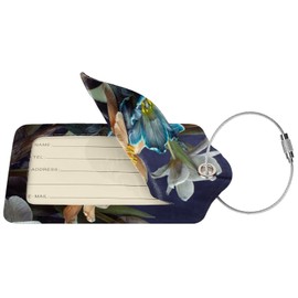 Retro Tulips Luggage Bag Case Tags for Travel Suitcase White Blue Yellow Flowers On Blue Background PU Leather Baggage Tag with ID Label Privacy Flap Cover 2 Pack