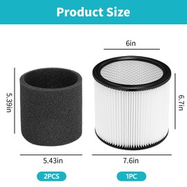 ECOMAID Replacement Filter For Shop Vac Filters 90304 90350 90333 Wet Dry Shop Vac Filter, for Most Wet/Dry Vacuum Cleaners 5 Gallon and Above (1 Replacement Filter + 1 Lids + 2 Foam Sleeve Filters)