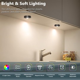 Yesenlight Rechargeable Puck Lights with Remote - 6 Pack LED Under Cabinet Lighting, Color Changing, Dimmable, 1000mAh Battery Powered, Timer, Night Light, for Kitchen, Closet and More, Size: 2.56”