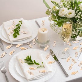 LAMEK Pack of 100 Fish Confetti Wooden Table Decoration with Goblet Heart Cross Peace Dove 16 Styles Wooden Fish Christening Decoration Table Decoration for Christening Communion First Communion