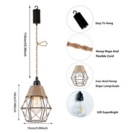 2x Battery Operated Pendant Lights Kitchen Island Indoor Chandelier for Outdoor Gazebo Hanging Lamp with Remote Timer Bulbs Bohemian Decor for Plant Shelf Shelves Porch Bedroom Living Room Corner