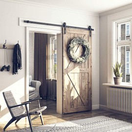 SMARTSTANDARD 6 Feet Heavy Duty Sturdy Sliding Barn Door Hardware Kit-Smoothly and Quietly-Includes Detailed Installation Fit 36" Wide Doorpanel (J Shape Hanger) Black