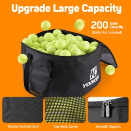 YOOKOO Tennis Ball Hopper Holds 200 Balls, Foldable Tennis Ball Basket with Adjustable Height, Easy to Carry with Storage Bag for Tennis Training and Teaching