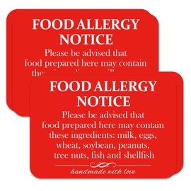 4 Pack Food Allergy Notice Sign Allergen Caution Warning Sticker 10x7 Inches-Caution Danger Safety Security Signs Food Allergy Warning Label for Grocery Stores,Food Packaging (Red)