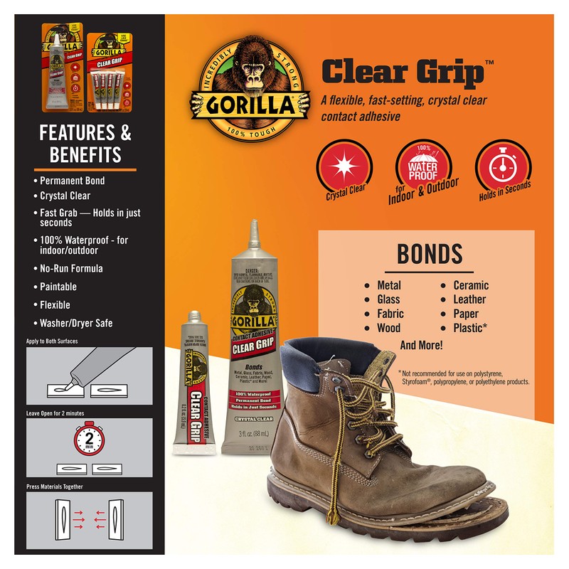 Gorilla Clear Grip Waterproof Contact Adhesive, , 3 Ounce, Clear,