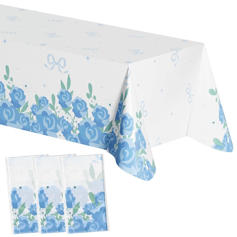 3 Pack Blue Floral Disposable Plastic Tablecloths, 54 x 108