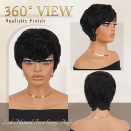 RUWISS Pixie Cut Wig Human Hair – Short Wigs for Black Women with Bangs, Natural Layered Wavy Wig, Glueless, 1B#