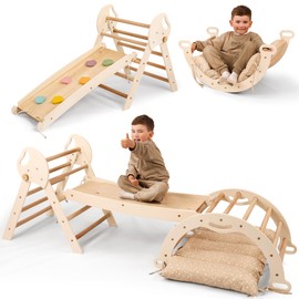 5-in-1 Toddler Climbing Toys Indoor Set - Pikler Triangle, Climbing Arch, Balance Cushion, Montessori Climbing Gym for Toddlers 1-3, Foldable Wooden Baby Activity Center, Jungle Gym for Kids