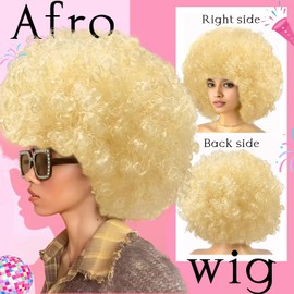 Colored Afro Wigs for Women Men 70s and Disco Sunglasses Set, Funny Wig with Curly Bouncy Huge Fluffy Puff and Oversize Retro Rhinestone Sunglasses - for Costume Cosplay Party (Gold)