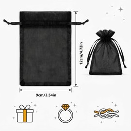 100 Bolsas de Regalo de Organza Transparente, 9x12CM Bolsas de Organza con Cordón, Bolsas de Regalo para Joyas, para Fiestas, Festivales, Joyas, Jabones de Baño,Negro