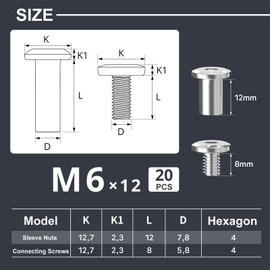 Wavanta 20Pcs M6 x 12mm Connection Screws, Flat Head Hex Socket Cap Screws Bolts Barrel Nuts Kit, Furniture Bolt Screw, 304 Stainless Steel, Full Thread with Hex Spanner