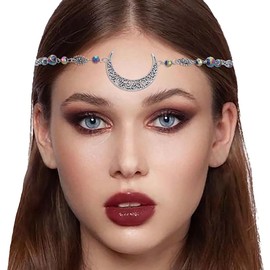 Tgirls Boho Cresent Moon Head Chain Crystal Headpieces Vintage Hair Accessories for Women and Girls (Silver-1)