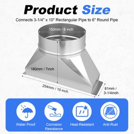 Rocaris 3-1/4" x 10" x 6'' Galvanized Transition, Rectangular to Round Duct, Microwave Vent Adapter Kit for Connecting HVAC Duct Pipe Fittings Range Hood