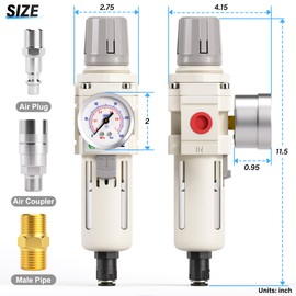 TAILONZ PNEUMATIC 1/2 Inch NPT Automatic Drain Air Filter Pressure Regulator Combo Piggyback, Air Tool Compressor Filter with Gauge AW4000-04D