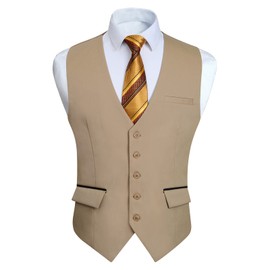 HISDERN Khaki Waistcoats for Men Classic Wedding Waistcoat Formal Business Party Suit Vest with Pockets S