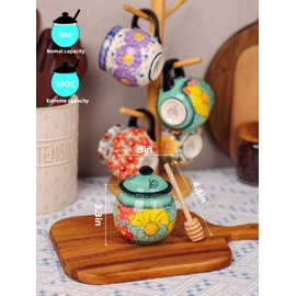 Hand-Painted Ceramic Honey Jar, 8 oz Honey Pot with Dipper (Flowers Green)