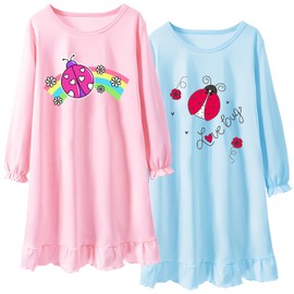 Tkria 2Pcs Girls Nightgowns 3-10 Years Flutter Ladybug Long Sleeves Nightdress Nightie Dress Sleepwear Pajamas for Little Girls