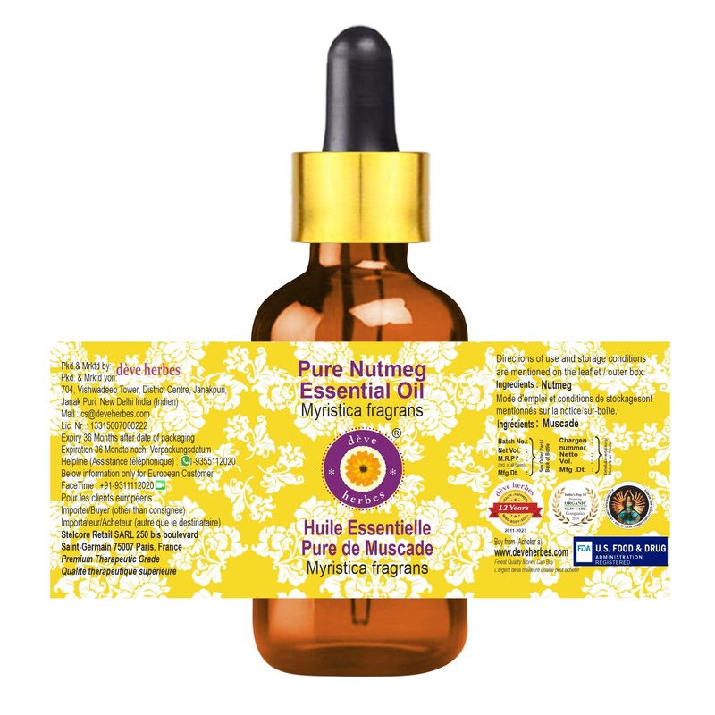 Deve Herbes Pure Nutmeg Essential Oil (Myristica fragrans) with Glass