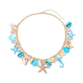 Shell Starfish Necklace for Women Conch Shell Starfish Pearl Necklace Seahorse Necklace Bohemian Chunky Choker Necklace Sea Shell Pearl Choker Collar Neck Mermaid Costume Jewelry Beach Jewelry (Blue)