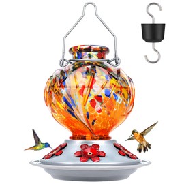 BOLITE Hummingbird Feeder, Hand Blown Glass Hummingbird Feeders for Outdoors Hanging, Ant Moat, 5 Bee-Proof Ports, Leak-Proof, 360° Perch, 22oz, Orange Peony Gifts for Women Men, Gifts for Mom Dad