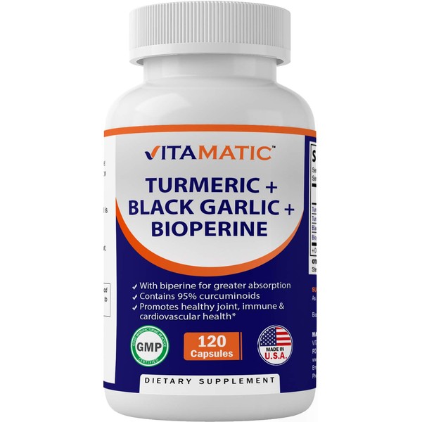 Vitamatic Turmeric Curcumin (95% Curcuminoids), Black Garlic with Bioperine Black Pepper for Best Absorption, Turmeric Supplement Pills 910mg 120 Capsules