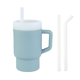 PandaEar - Vaso de silicona para niños con pajita y asa, taza de entrenamiento a prueba de derrames de 9.5 onzas para bebé, sin BPA, fácil de limpiar, color azul