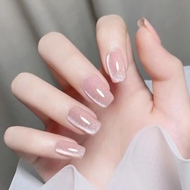 Pink Press on Nails Glitter Fake Nails Short Square False Nails Press ons with Designs Sparkly Nails Acrylic Nails Glossy Full Cover Glue on Nails Artificial Stick on Nails for Women Decorations 24Pcs