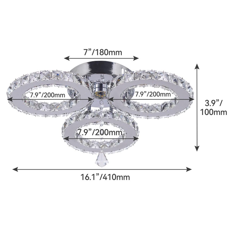diisunbihuo Dimmable LED Crystal Ceiling Light 13x3.5 Inches 3 Rings