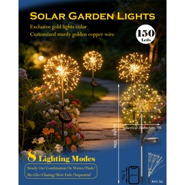 INMKALI Solar Garden Lights Outdoor Yard Decorations, 8 Pack 150Leds Pathway Lights, Fairy Firework Stake Light for Garden, Patio, Pathway, Flowerbed Gold Color