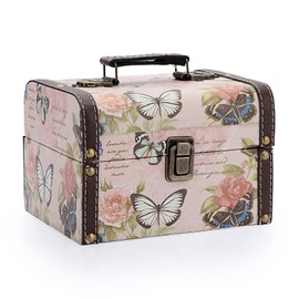SUMNACON Wooden + PU Leather Storage Box Jewelry Chest, Decorative Trinket Box Keepsakes Chest with Handle, Keepsakes Box Holder Treasure Box Organizer for Gift (Butterfly Pattern)