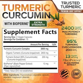Cúrcuma curcumina con bioperina 95% curcuminoides 2600 mg con pimienta negra para una mejor absorción, fabricado en Estados Unidos, mejor soporte para