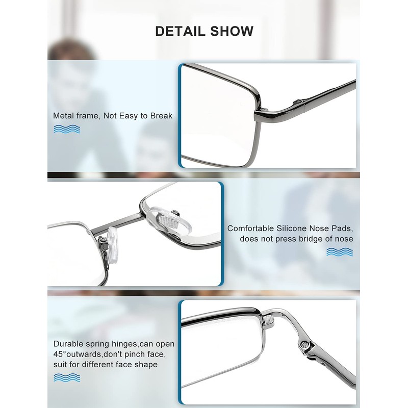 OKH 3 Pack Stainless Reading Glasses 2.0, Metal Frame Blue